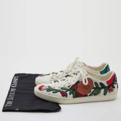 Pre Owned Gucci White Leather Ace Floral Embroidered Low Top Sneakers Size 39