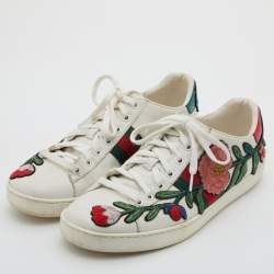 Pre Owned Gucci White Leather Ace Floral Embroidered Low Top Sneakers Size 39