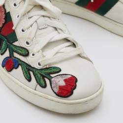 Pre Owned Gucci White Leather Ace Floral Embroidered Low Top Sneakers Size 39
