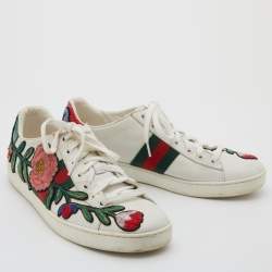Pre Owned Gucci White Leather Ace Floral Embroidered Low Top Sneakers Size 39