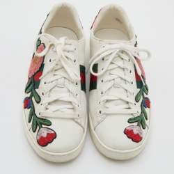 Pre Owned Gucci White Leather Ace Floral Embroidered Low Top Sneakers Size 39