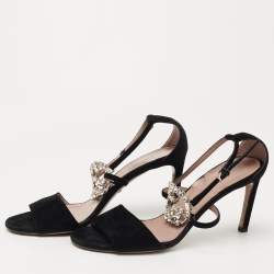 Pre Owned Gucci Black Suede interlocking G Embellished Ankle Strap Sandals Size 37