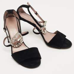 Pre Owned Gucci Black Suede interlocking G Embellished Ankle Strap Sandals Size 37