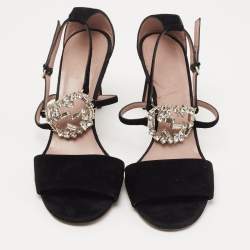 Pre Owned Gucci Black Suede interlocking G Embellished Ankle Strap Sandals Size 37