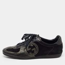 Gucci Black Suede and Textured Leather GG Low Top Sneakers Size 38