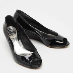 مملوكة مسبقًا حذاء كعب عالي غوتشي جلد براءة اختراع أسود مقدمة مفتوحة مقاس 36