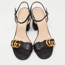 Pre Owned Gucci Black Leather GG Marmont Ankle Strap Sandals Size 36