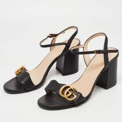 Pre Owned Gucci Black Leather GG Marmont Ankle Strap Sandals Size 36