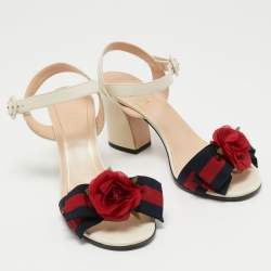 Gucci Tricolor Leather and Canvas Bow Flower Ankle Strap Sandals Size 36