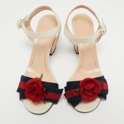 Gucci Tricolor Leather and Canvas Bow Flower Ankle Strap Sandals Size 36