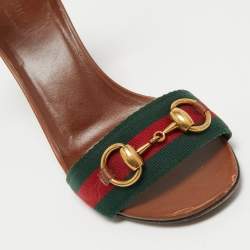 Gucci Brown Leather Horsebit Web Stripe Detail Ankle Strap Block Heel Sandals Size 37.5
