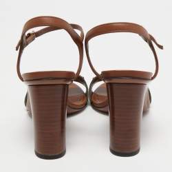 Gucci Brown Leather Horsebit Web Stripe Detail Ankle Strap Block Heel Sandals Size 37.5
