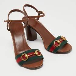 Gucci Brown Leather Horsebit Web Stripe Detail Ankle Strap Block Heel Sandals Size 37.5