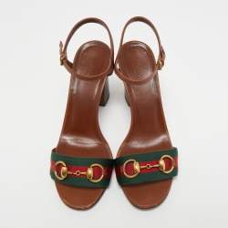 Gucci Brown Leather Horsebit Web Stripe Detail Ankle Strap Block Heel Sandals Size 37.5