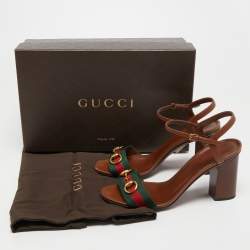 Gucci Brown Leather Horsebit Web Stripe Detail Ankle Strap Block Heel Sandals Size 37.5