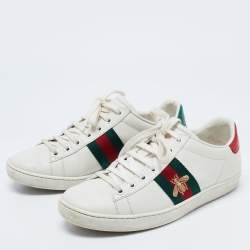 Pre Owned Gucci White Leather Embroidered Bee Ace Sneakers Size 36