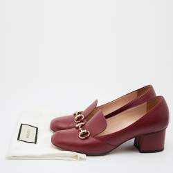مملوكة مسبقًا Gucci Burgundy Leather Horsebit Block Heel Loafer Pumps Size 37.5
