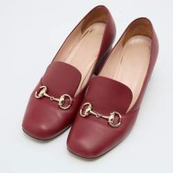 مملوكة مسبقًا Gucci Burgundy Leather Horsebit Block Heel Loafer Pumps Size 37.5