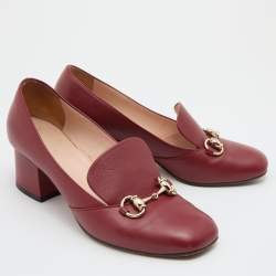 مملوكة مسبقًا Gucci Burgundy Leather Horsebit Block Heel Loafer Pumps Size 37.5