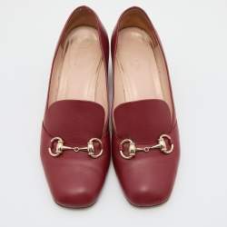 مملوكة مسبقًا Gucci Burgundy Leather Horsebit Block Heel Loafer Pumps Size 37.5