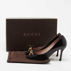 Pre Owned Gucci Black Guccissima Patent Leather Horsebit Peep Toe Pumps Size 36.5