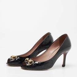 Pre Owned Gucci Black Guccissima Patent Leather Horsebit Peep Toe Pumps Size 36.5
