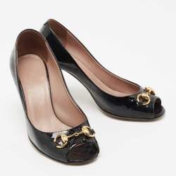 Pre Owned Gucci Black Guccissima Patent Leather Horsebit Peep Toe Pumps Size 36.5