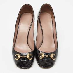 Pre Owned Gucci Black Guccissima Patent Leather Horsebit Peep Toe Pumps Size 36.5