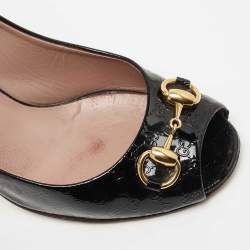 Pre Owned Gucci Black Guccissima Patent Leather Horsebit Peep Toe Pumps Size 36.5