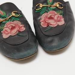 Pre Owned Gucci Black Leather Rose Embroidered Princetown Horsebit Flat Mules Size 39
