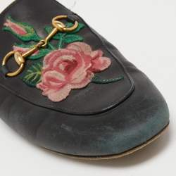 Pre Owned Gucci Black Leather Rose Embroidered Princetown Horsebit Flat Mules Size 39