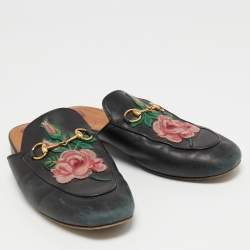 Pre Owned Gucci Black Leather Rose Embroidered Princetown Horsebit Flat Mules Size 39