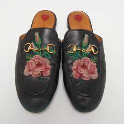 Pre Owned Gucci Black Leather Rose Embroidered Princetown Horsebit Flat Mules Size 39