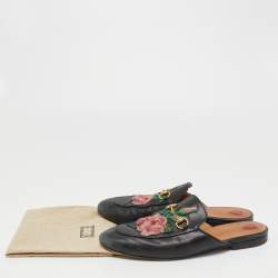Pre Owned Gucci Black Leather Rose Embroidered Princetown Horsebit Flat Mules Size 39
