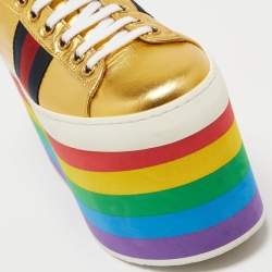 Gucci Metallic Gold Leather Peggy Platform Sneakers Size 37