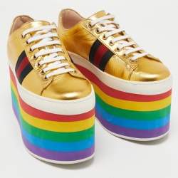 Gucci Metallic Gold Leather Peggy Platform Sneakers Size 37