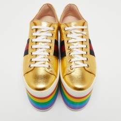 Gucci Metallic Gold Leather Peggy Platform Sneakers Size 37