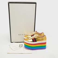 Gucci Metallic Gold Leather Peggy Platform Sneakers Size 37