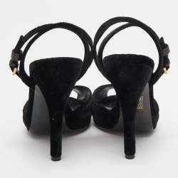 Pre Owned Gucci Black Velvet Peep Toe Platform Ankle Strap Sandals Size 38