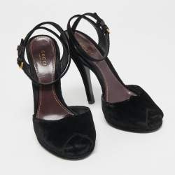 Pre Owned Gucci Black Velvet Peep Toe Platform Ankle Strap Sandals Size 38