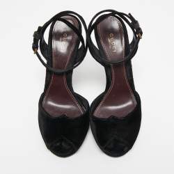 Pre Owned Gucci Black Velvet Peep Toe Platform Ankle Strap Sandals Size 38