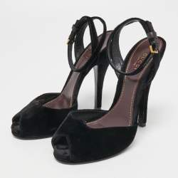 Pre Owned Gucci Black Velvet Peep Toe Platform Ankle Strap Sandals Size 38