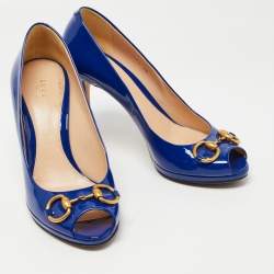 Pre Owned Gucci Blue Patent Leather New Hollywood Peep Toe Pumps Size 40