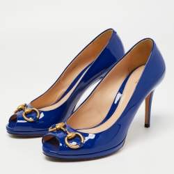 Pre Owned Gucci Blue Patent Leather New Hollywood Peep Toe Pumps Size 40