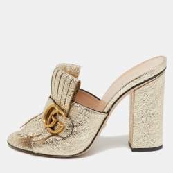 Gucci Metallic Gold Texture Leather Double G Marmont Fringe Sandals Size 39