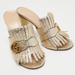 Gucci Metallic Gold Texture Leather Double G Marmont Fringe Sandals Size 39