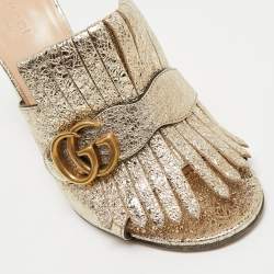 Gucci Metallic Gold Texture Leather Double G Marmont Fringe Sandals Size 39