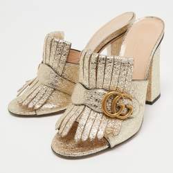 Gucci Metallic Gold Texture Leather Double G Marmont Fringe Sandals Size 39