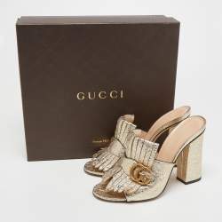 Gucci Metallic Gold Texture Leather Double G Marmont Fringe Sandals Size 39