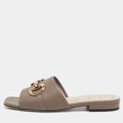 Gucci Brown Leather Horsebit Flat Slides Size 36